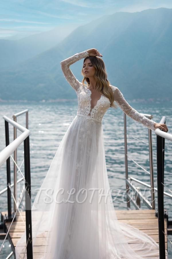 Spitze V-Ausschnitt Boho Brautkleid mit Ärmeln | Einfaches Spitzenhochzeitskleid
