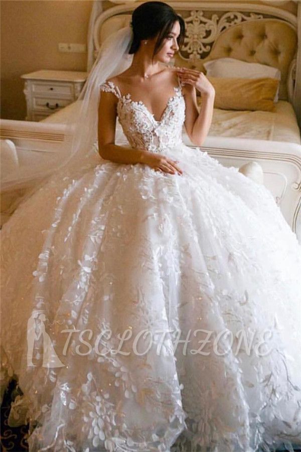 Spitzenapplikationen Prinzessin Brautkleider Günstige 2022 | Ärmelloses Ballkleid-Hochzeitskleid mit transparentem Tüllausschnitt