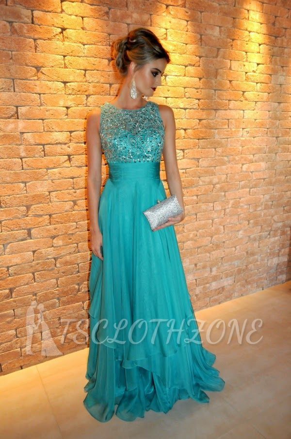 A-Line Crystal Chiffon Long Evening Dress with Beadings Latest Floor Length Empire Party Dresses
