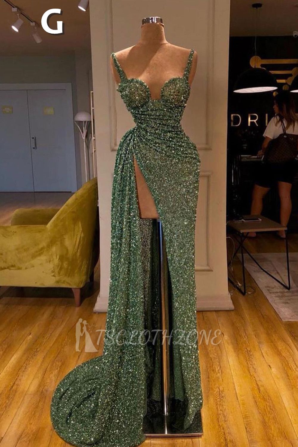 Sparkle dark green high split straps sequin sleeveless long prom dress