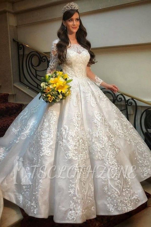 Elegant  White Crew Neck Aline Wedding Dress with Lace Appliques
