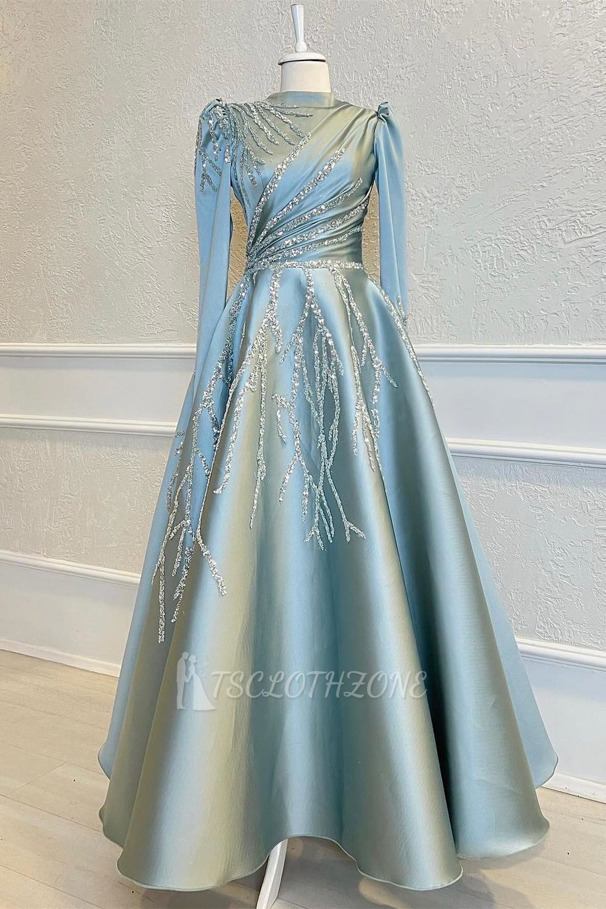 Light Blue A-line Satin Long sleeves Lace Prom Dresses