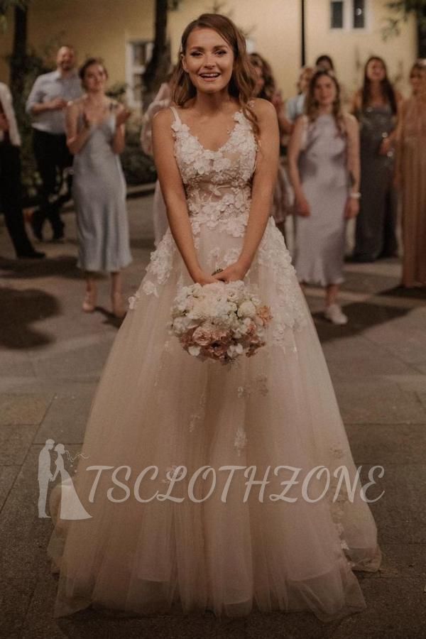 Sleeveless V-Neck Aline Elegant Tulle Lace Wedding Bridal Dress