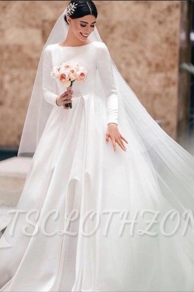 Simple A-Line Satin Wedding Dress White Jewel Bridal Gowns with Long Sleeves On Sale