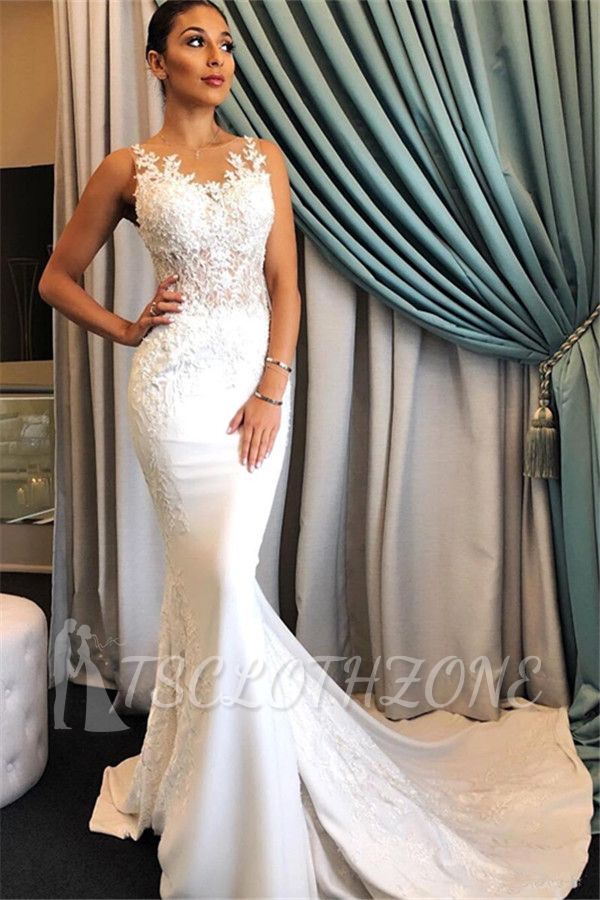 Sleeveless Mermaid Elegant Wedding Gowns | Appliques Lace Wedding Dresses Online