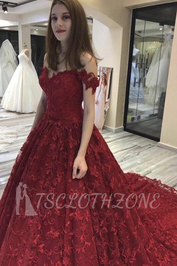 Red Off Shouleder A Line Lace Wedding Gowns Bridal Dresses