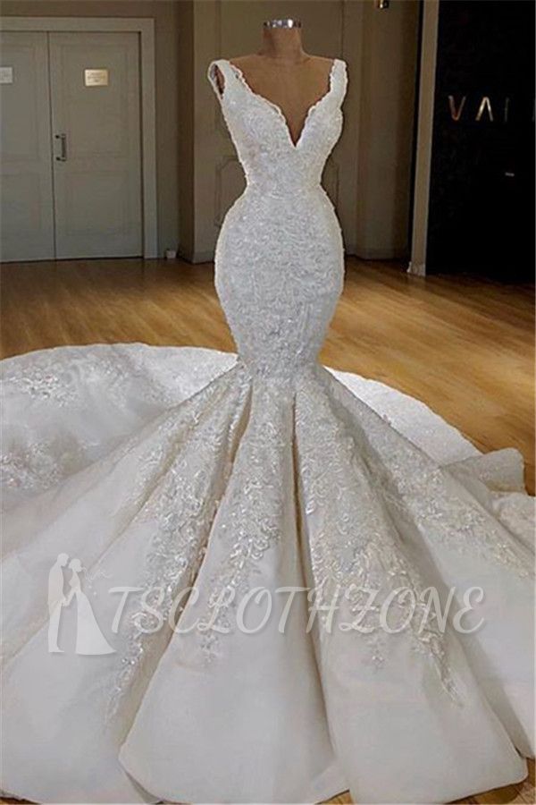 Sexy Mermaid Lace Wedding Dresses Online | Straps Luxury Bridal Gowns with Long Train