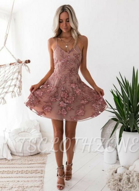Fashion Pink Floral Homecoming Dresses  Spaghetti Straps Lace Appliques Hoco Dresses