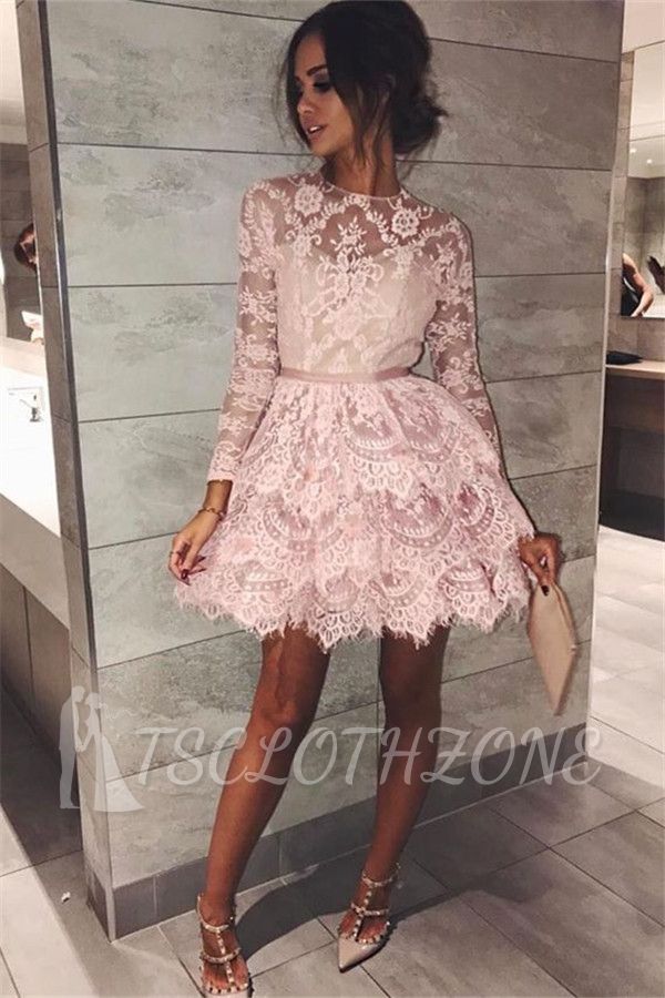 Pink Lace Long Sleeve Homecoming Dresses 2022 Elegant Short Party Dress with Sash
