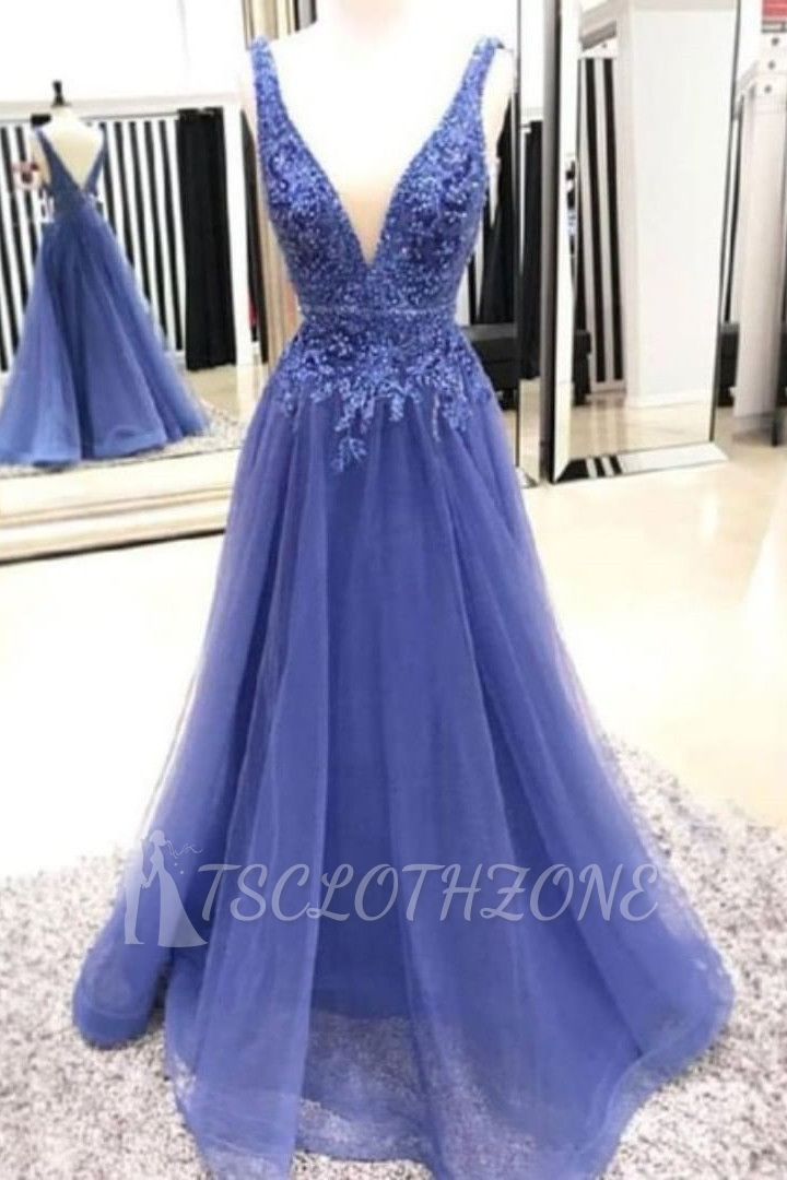 Sexy Deep V Neck Straps Long Prom Dress | Exquisite Lace Beading Prom Gown