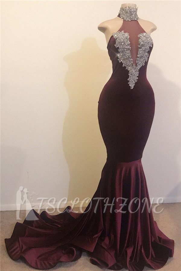 Mermaid Open Back Sexy High Neck Silver Beads Appliques Prom Dress