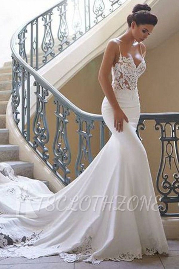 Sexy Spaghetti Strap Wedding Dress | Mermaid Chiffon Lace Bridal Gown