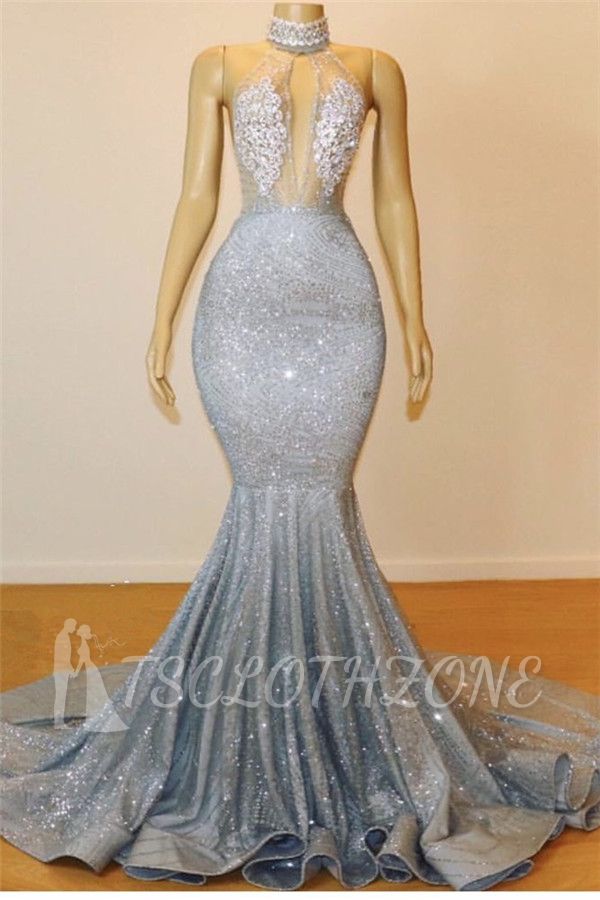 Elegante silberne Pailletten Ballkleider mit Stehkragen | Sexy rückenfreie Meerjungfrau-Abendkleider online