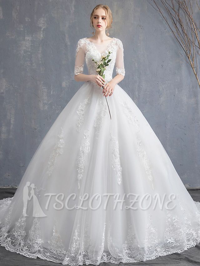 Glamouröses durchsichtiges Ballkleid-Hochzeitskleid U-Ausschnitt-Spitze Tüll Pailletten Halbarm-Brautkleider mit Kapellenschleppe