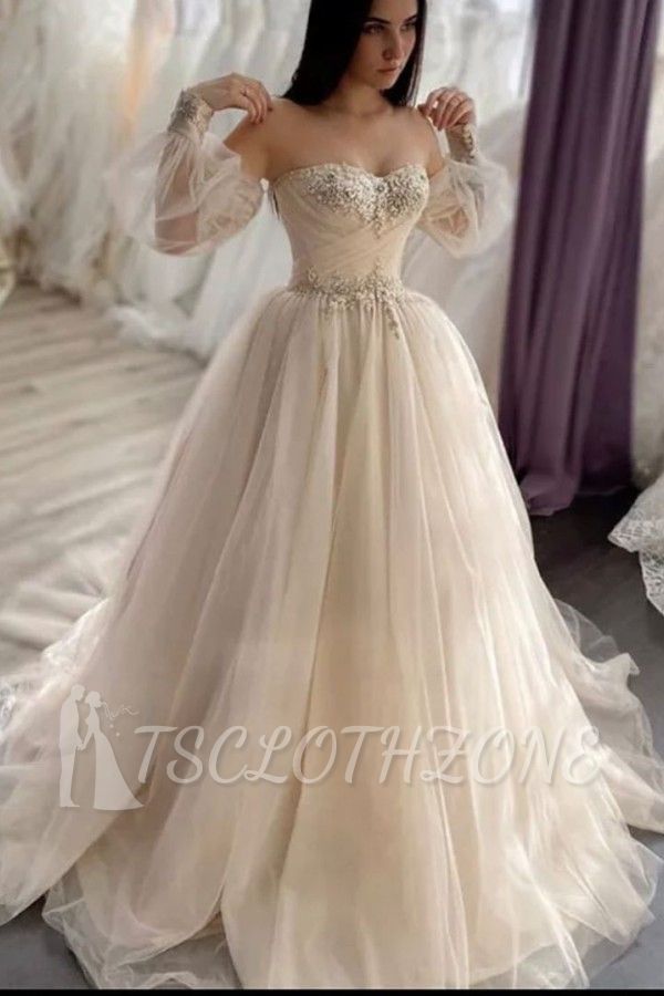 Romantic Off-the-Shoulder Sweetheart Tulle Bridal Dress Aline Princess Wedding Dress