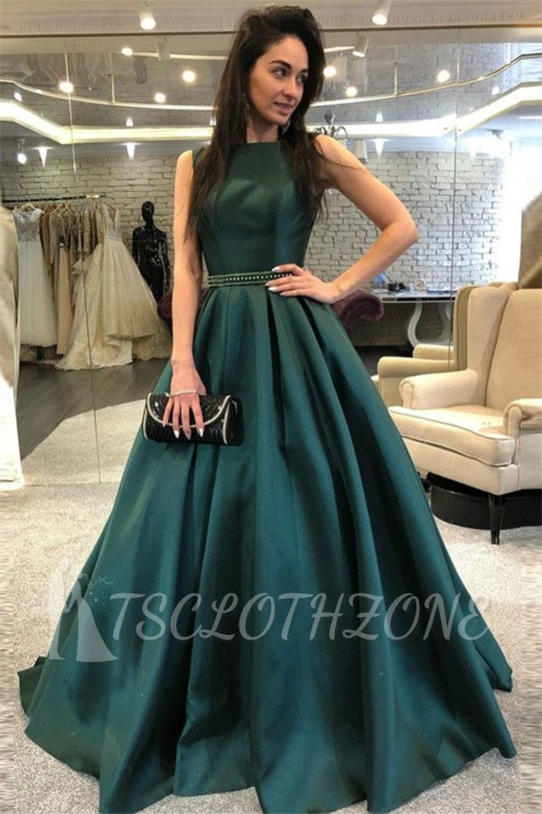 Dark Green A-Line Sleeveless Evening Dresses Online | 2022 Open Back Crystal Cheap Evening Gown