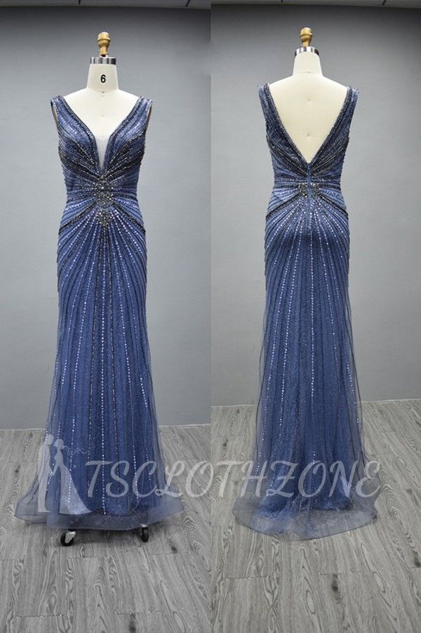 Beautiful Evening Dresses Long V Neckline | Blue prom dresses with glitter