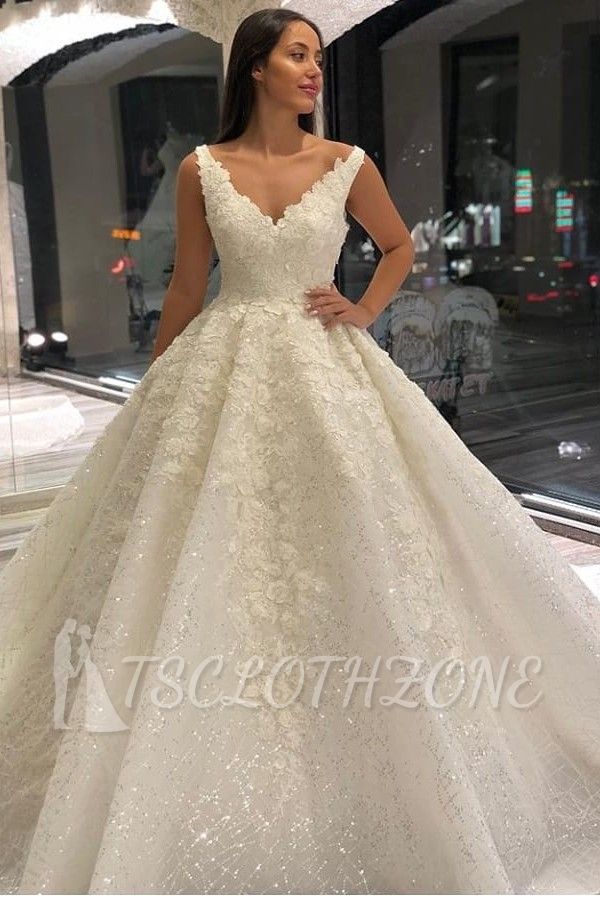Gorgeous V-Neck Ball Gown Sleeveless Aline Bridal Gown with Sweep Train