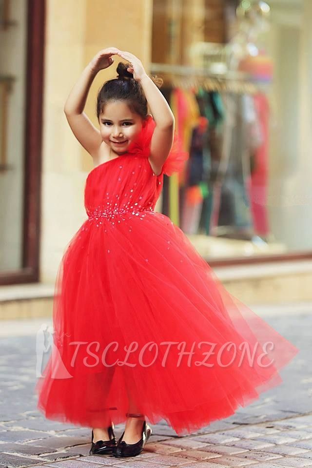 Cute Red One Shoulder Tulle Long Flower Girl Dress Cheap Crystal Floor Length Dresses for Girls