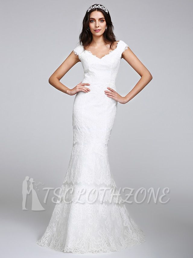 Romantic Mermaid Wedding Dress V-neck All Over Lace Cap Sleeve Sexy Backless Bridal Gowns Illusion Detail