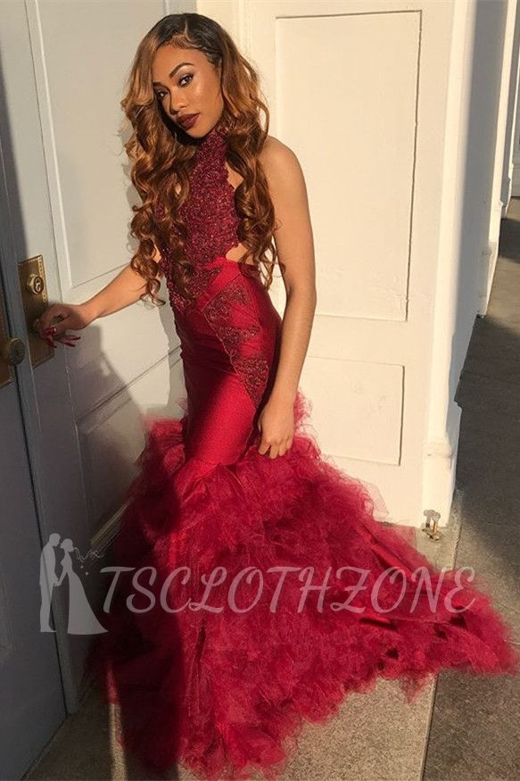 Long Tulle Halter Mermaid Lace Appliques Prom Dresses