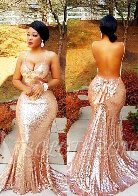Spaghetti Straps Sequins Mermaid Backless Champagne Prom Dresses