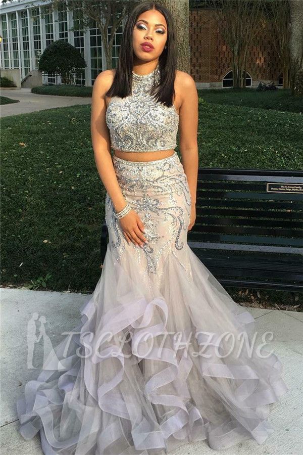 High Neck Silver Two Piece Prom Dresses Cheap | Sleeveless Sexy Mermaid Ruffles Evening Gowns