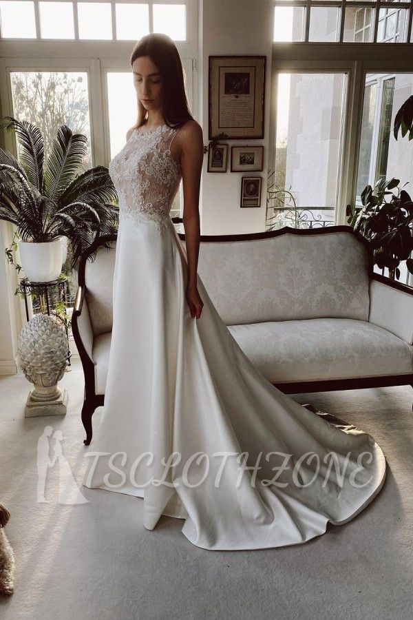Halter Affordable Satin Long Wedding Dress with Floral lace