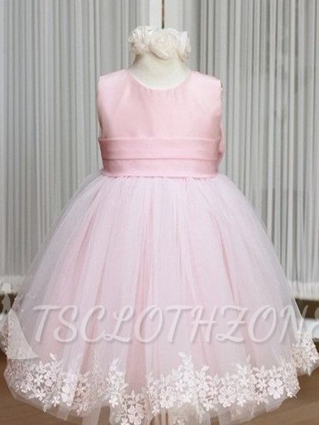 2022 Pink Flower Girl Dresses Jewel Bow Sash Lace Appliques Lovely Tulle A Line Pageant Dress