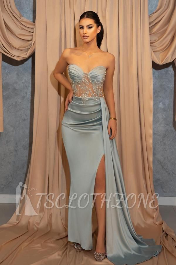 Sexy bag hip side slit blue long Evening Dress | Glitter prom dresses