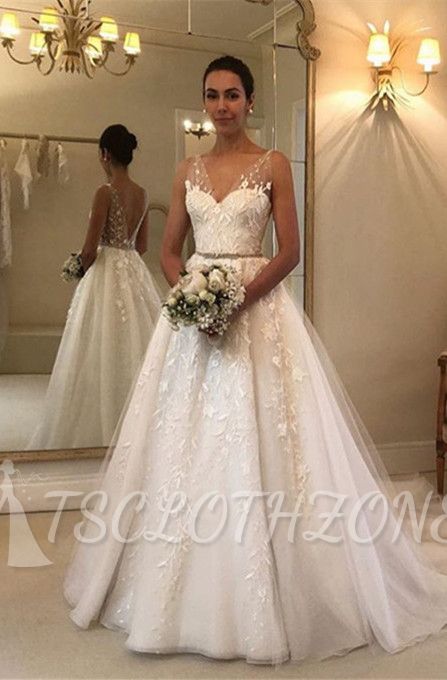 V-Neck Sweetheart Lace Appliques Sleeveless Wedding Dress with Sweep Train |  Floor Length Bridal Dress
