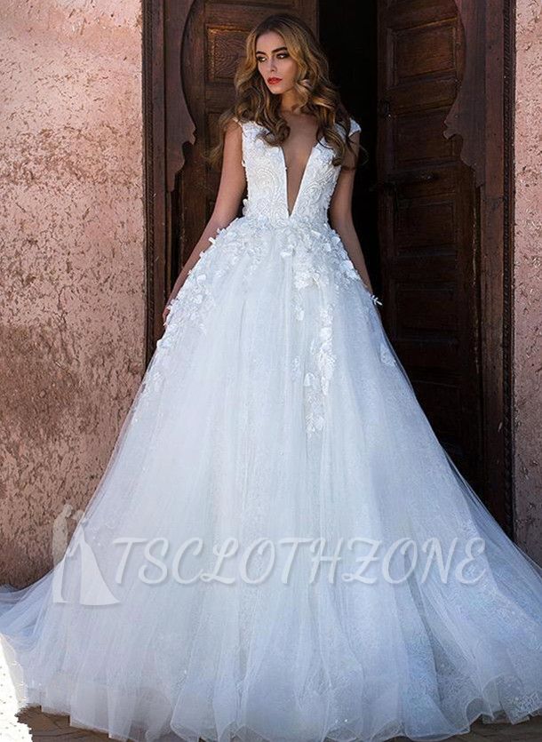 Glamorous V-Neck Cap Sleeves A-line Wedding Dress | Long Lace Appliques Bridal Gowns