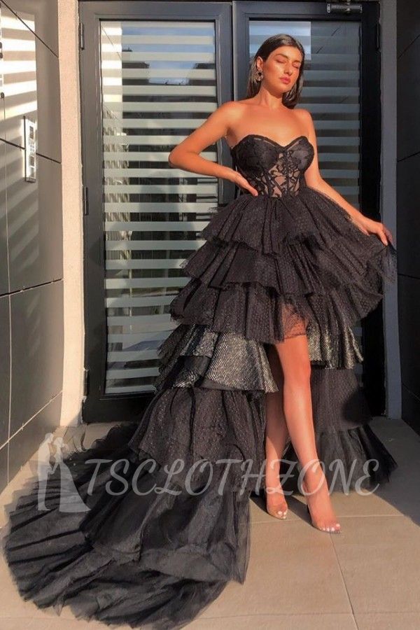 Sexy Strapless Sweetheart  Hi-Lo Tulle Prom Dresses | Sheer Ruffles Evening Dresses With Chapel Train