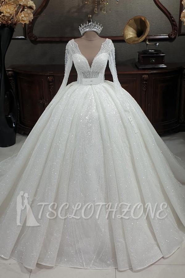 Wunderschönes Aline-Hochzeitskleid mit V-Ausschnitt, Glitzer-Pailletten und Ärmeln
