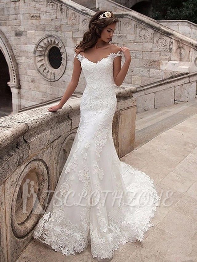 Affordable Mermaid Wedding Dresses Off Shoulder Lace Tulle Lace Short Sleeve Sexy Bridal Gowns with Court Train