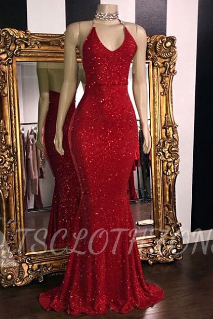 Sparkle Sequins Sexy Red Prom Dresses Cheap | Halter V-neck Backless Formal Evening Gowns