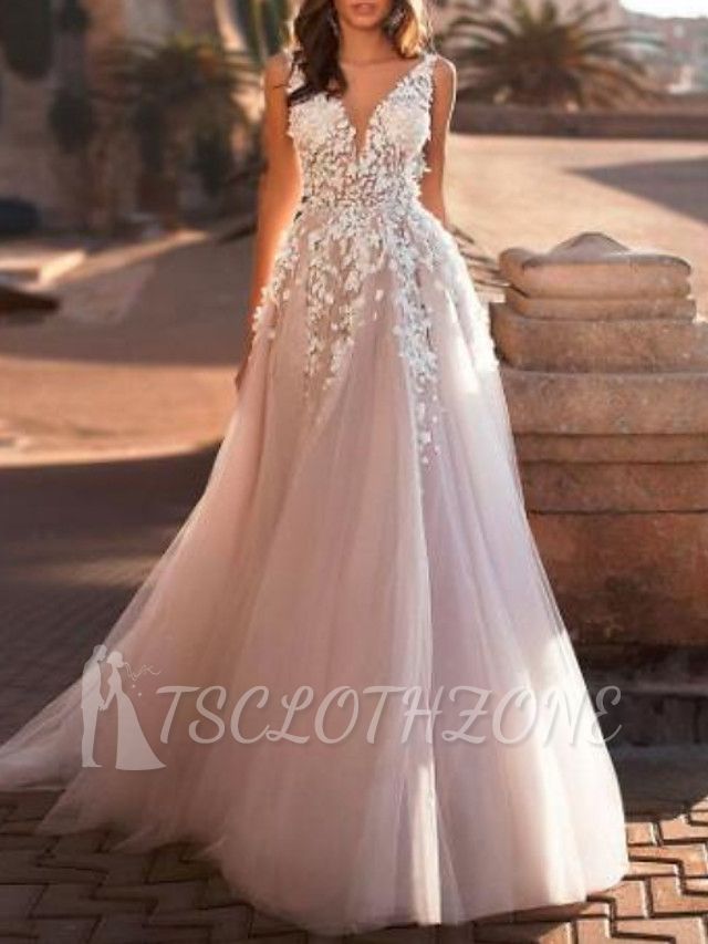 Mordern A-Line Wedding Dresses V-Neck Lace Tulle Straps See-Through Bridal Gowns with Sweep Train