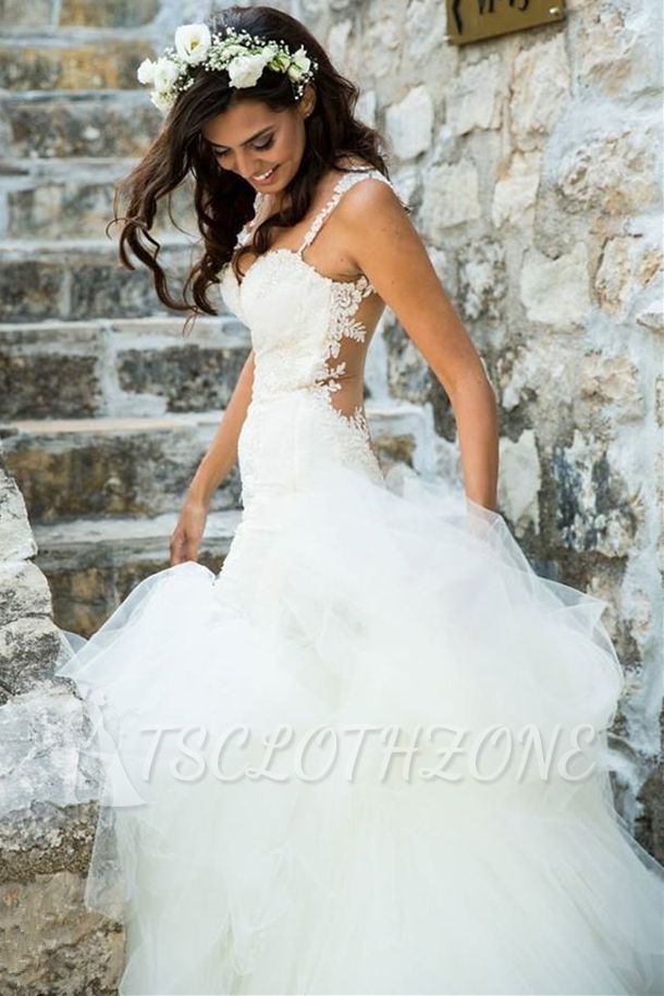 Weißes, sexy Meerjungfrau-Tüll-langes Brautkleid-Spaghetti-Träger-Spitzen-Hochzeitskleid mit offenem Rücken