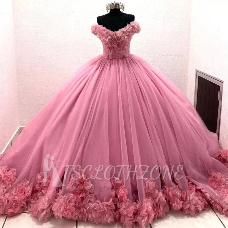 Gorgeous Pink Strapless Prom Tulle Party Dress with Floral Embellishment