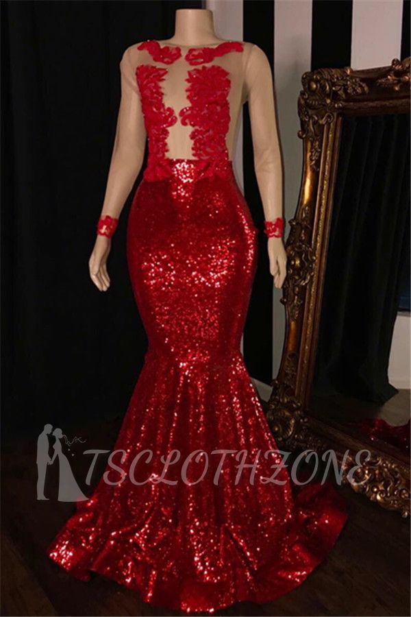 Sexy Red Sequins Prom Dresses | Cheap Long Sleeves Evening Dresses