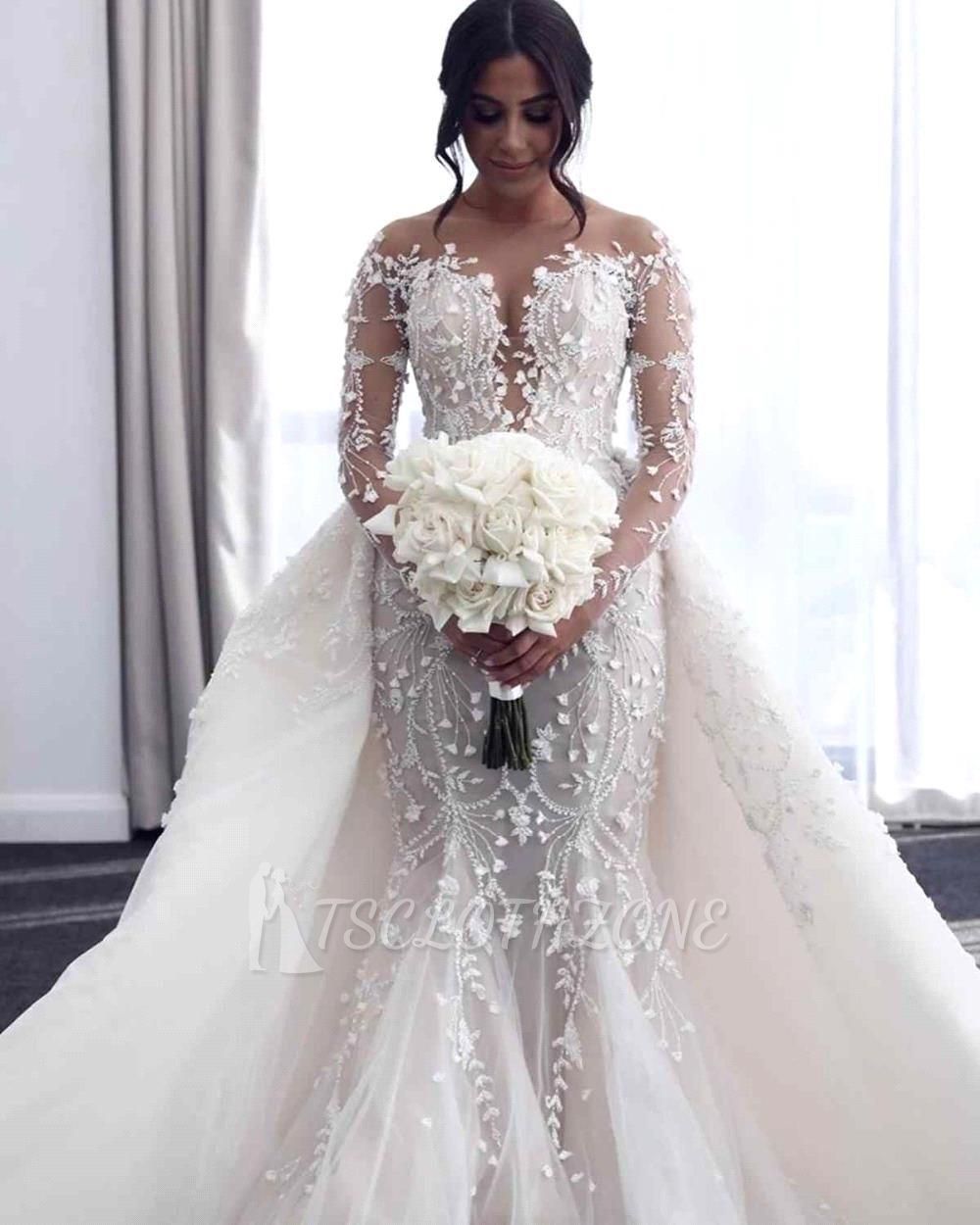 Off-the-shoulder Deep V-neck White Wedding Dress with Overskirt