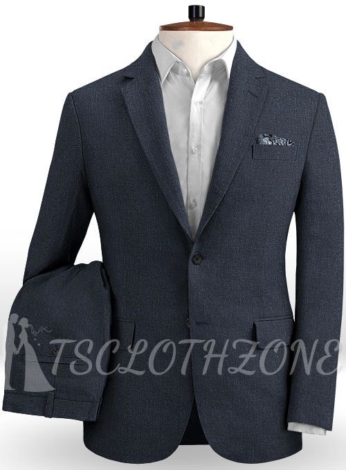 Casual summer style two-piece dark blue linen suit suit