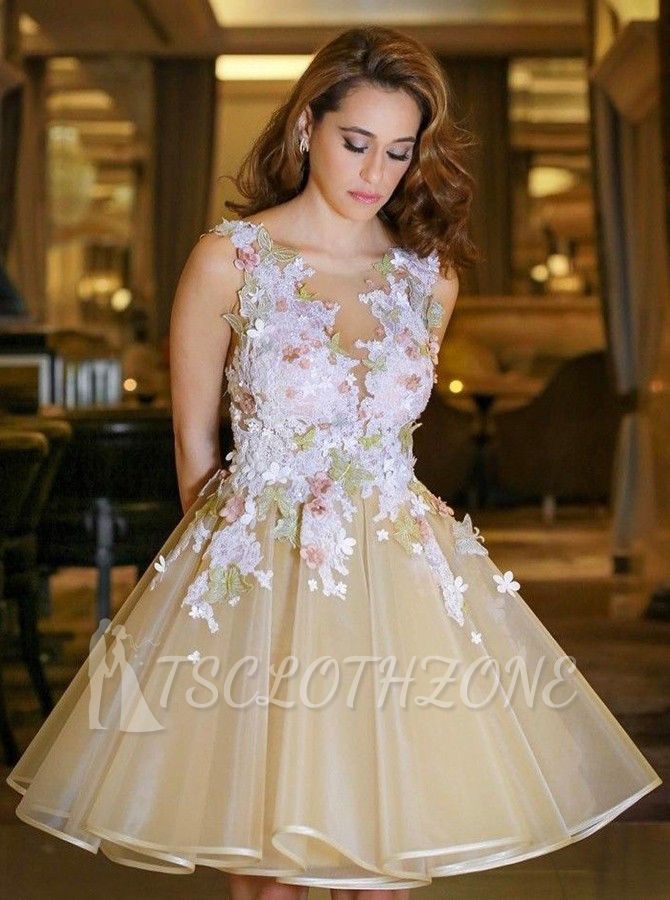 Gorgeous A-Line Flowers Homecoming Dresses | Sleeveless Open Back Short Hoco Dress
