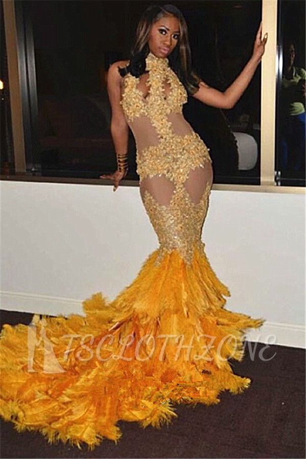 High Neck Gold Appliques Mermaid Prom Dress | Feather Sexy Sleeveless Evening Gowns