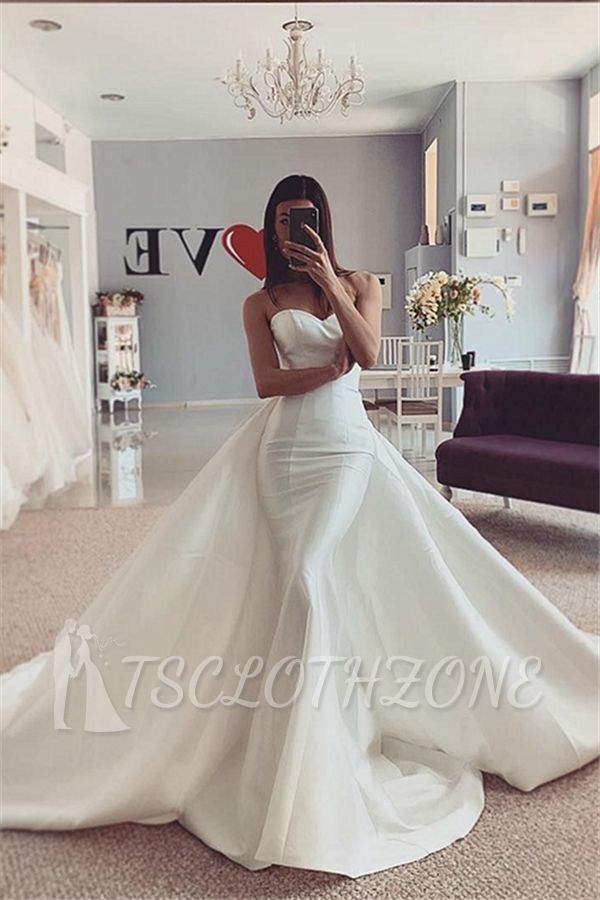 Strapless White Mermaid Wedding Dress with trendy overskirt