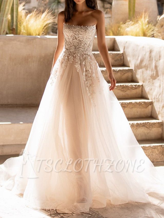 A-Line Wedding Dresses Sweetheart Tulle Sleeveless Bridal Gowns Formal See-Through Sweep Train