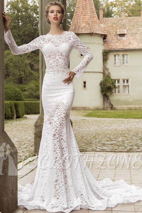 Long Sleeves Lace Mermaid Bridal Gowns Deep V Back Waved Court Train 2022 Wedding Dress