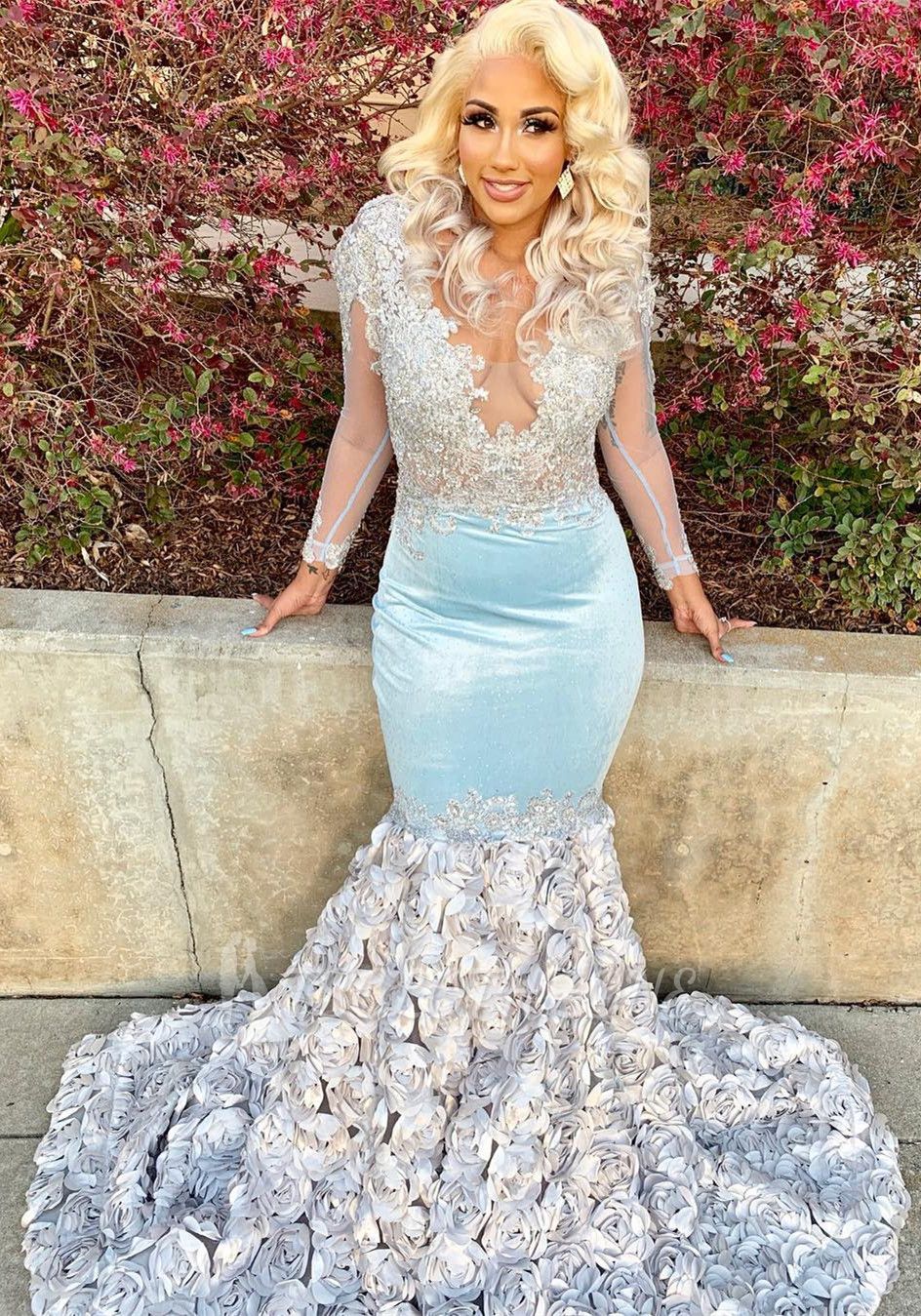 Fit and Flare Silver Flowers Baby Blue Prom Dresses | Sheer Tulle Elegant Long Sleeve Appliques Prom Gowns