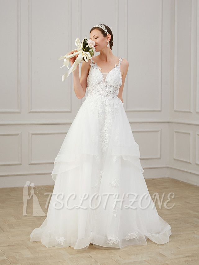 A-Line Wedding Dress V-neck Chiffon Lace Tulle Sleeveless Bridal Gowns Formal Plus Size with Sweep Train