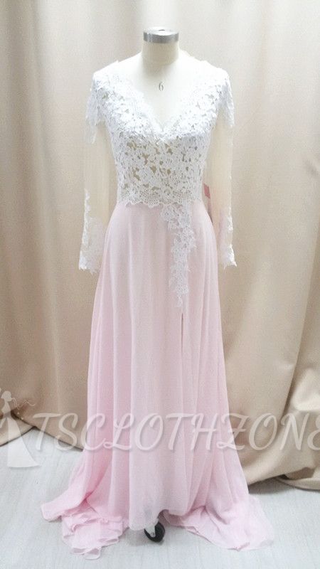 Cute Pink Chiffon Lace Prom Dresses Sheer Long Sleeve Cheap Popular Evening Dresses with Side Slit
